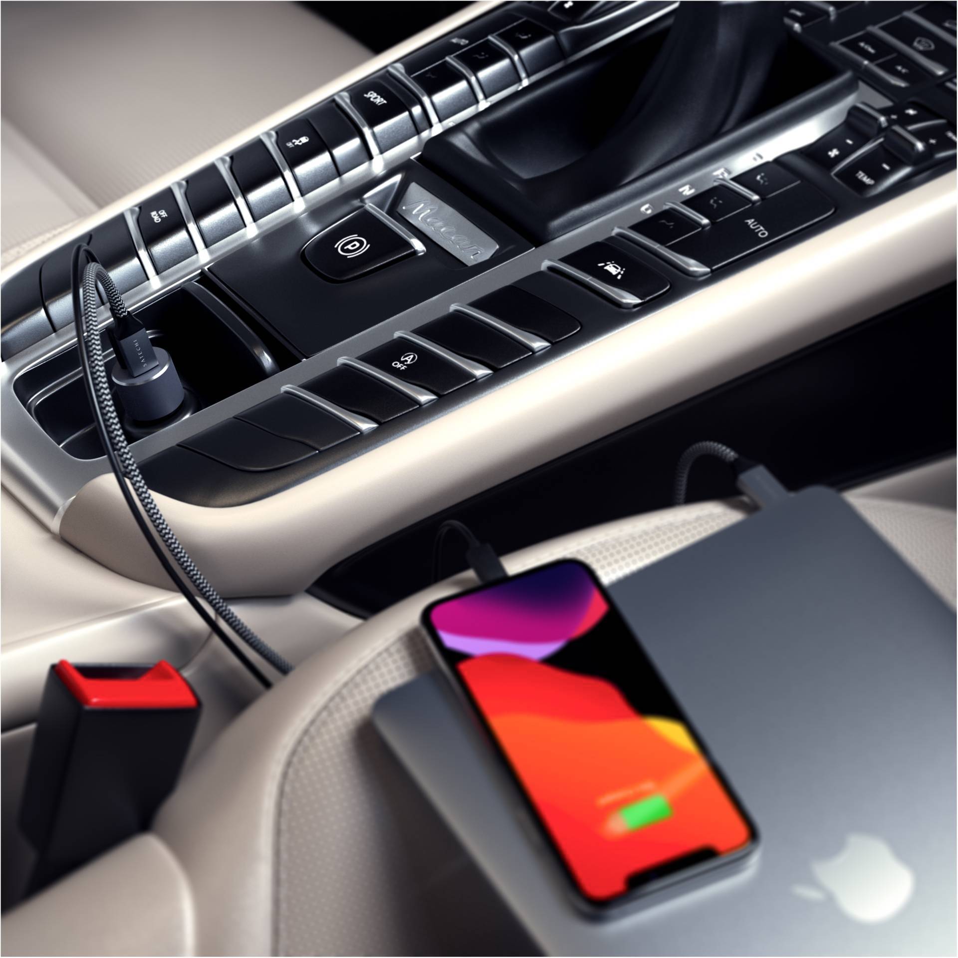 Un smartphone se charge sans fil sur une station de charge dans une voiture, entouré d'un intérieur de véhicule moderne avec un levier de vitesses.