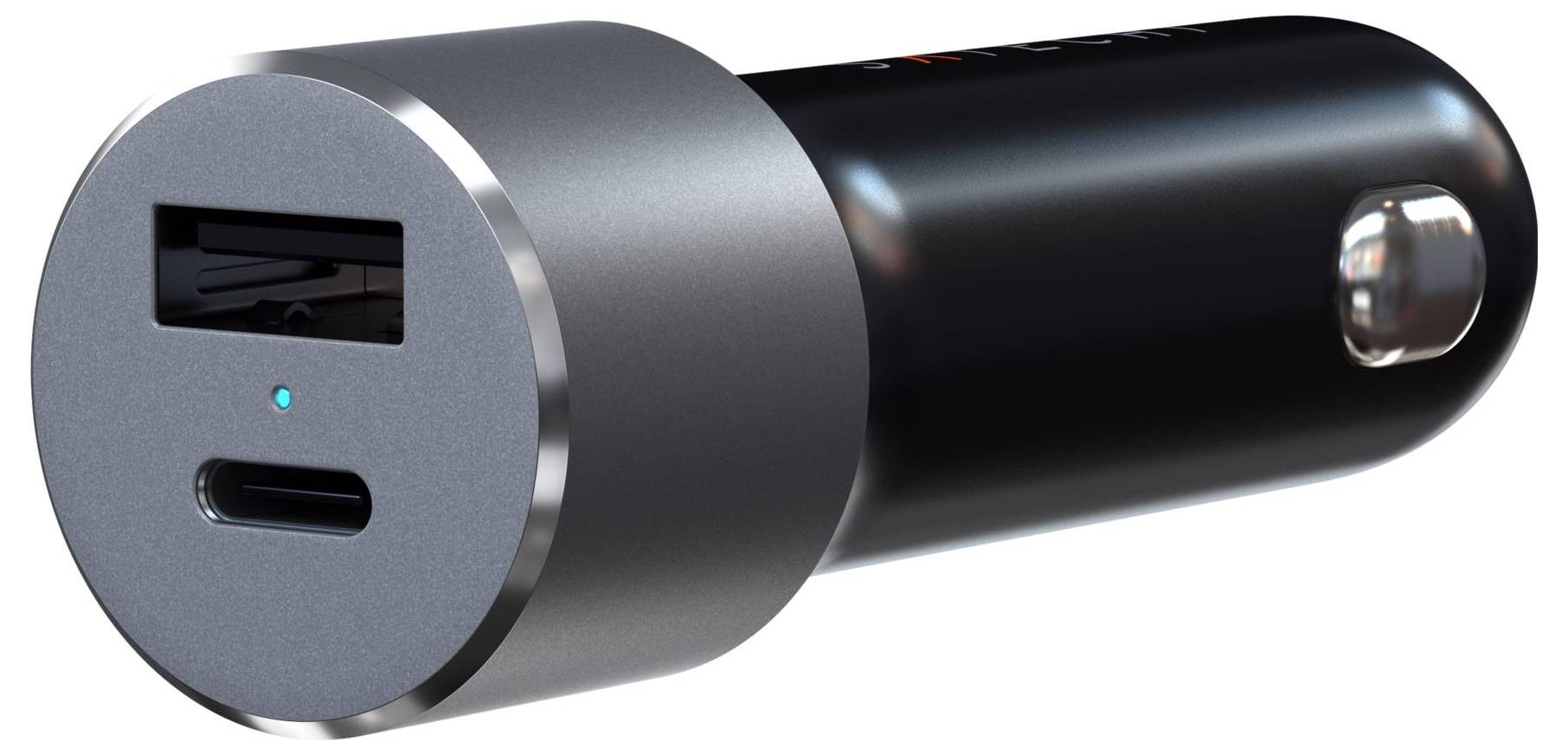 Adaptateur de charge USB pour voiture noir avec ports USB-A et USB-C, forme cylindrique, petit voyant LED. Idéal en déplacement.
