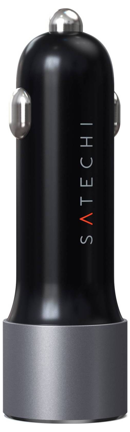 Chargeur de voiture noir avec des détails argentés, inscription « Satechi » sur le côté ; port USB non visible.