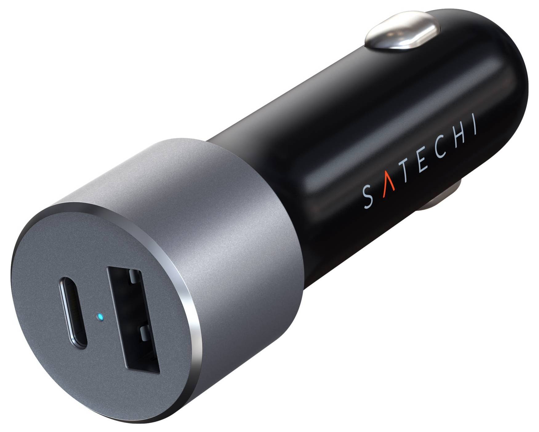 Un chargeur de voiture noir avec un port USB-C et un port USB-A, avec l'inscription 'Satechi' visible sur le côté.