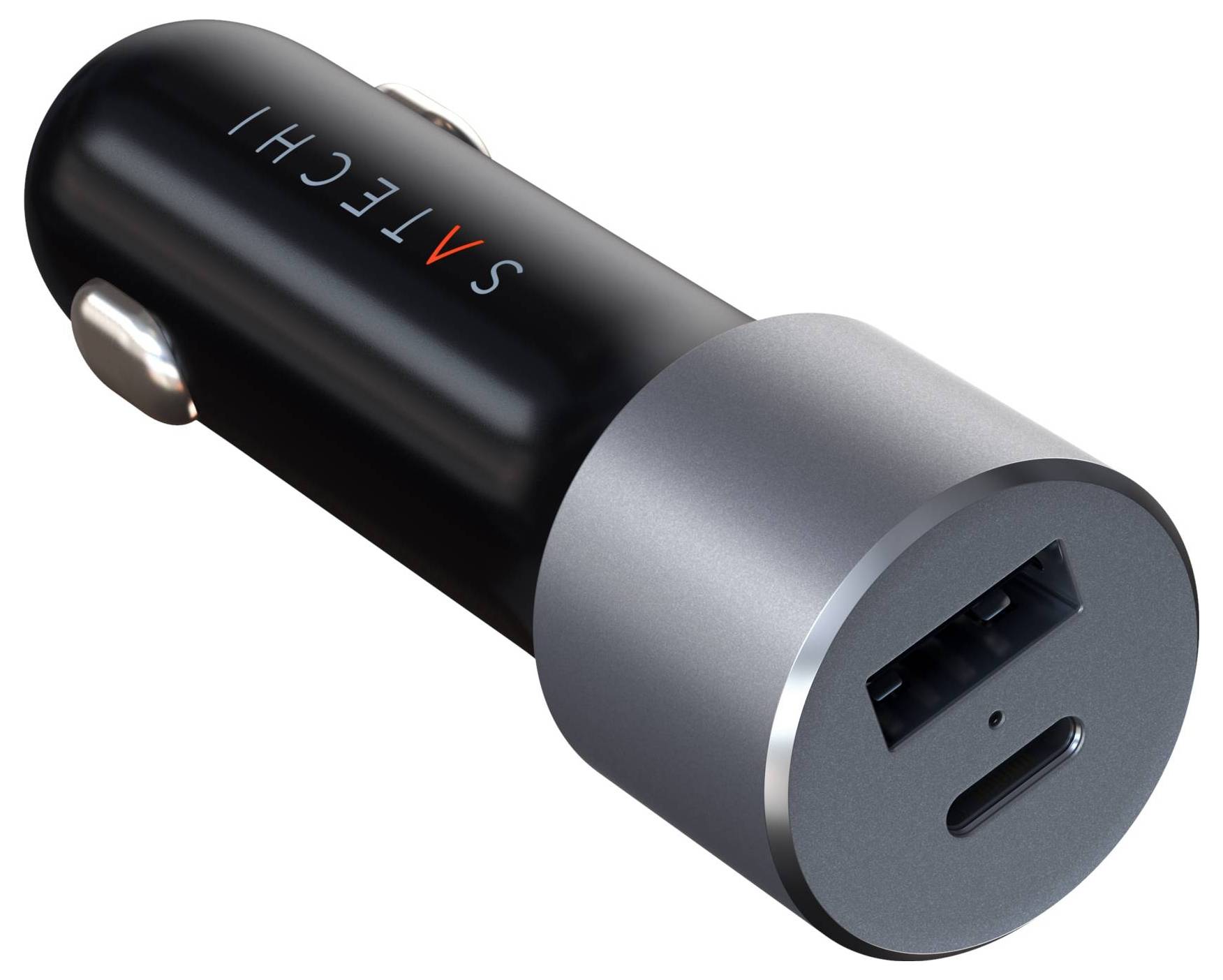 Chargeur de voiture noir et gris avec ports USB et USB-C, nom de marque 'Satechi' imprimé sur le côté.