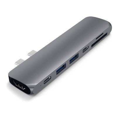 Un hub USB-C argenté avec plusieurs ports, comprenant HDMI, USB-A et USB-C, permettant d'étendre les options de connexion d'un ordinateur portable.