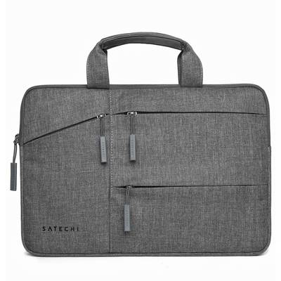 Sacoche grise pour ordinateur portable avec deux poches zippées à l'avant et des poignées de transport, adaptée au transport sécurisé d'appareils portables.