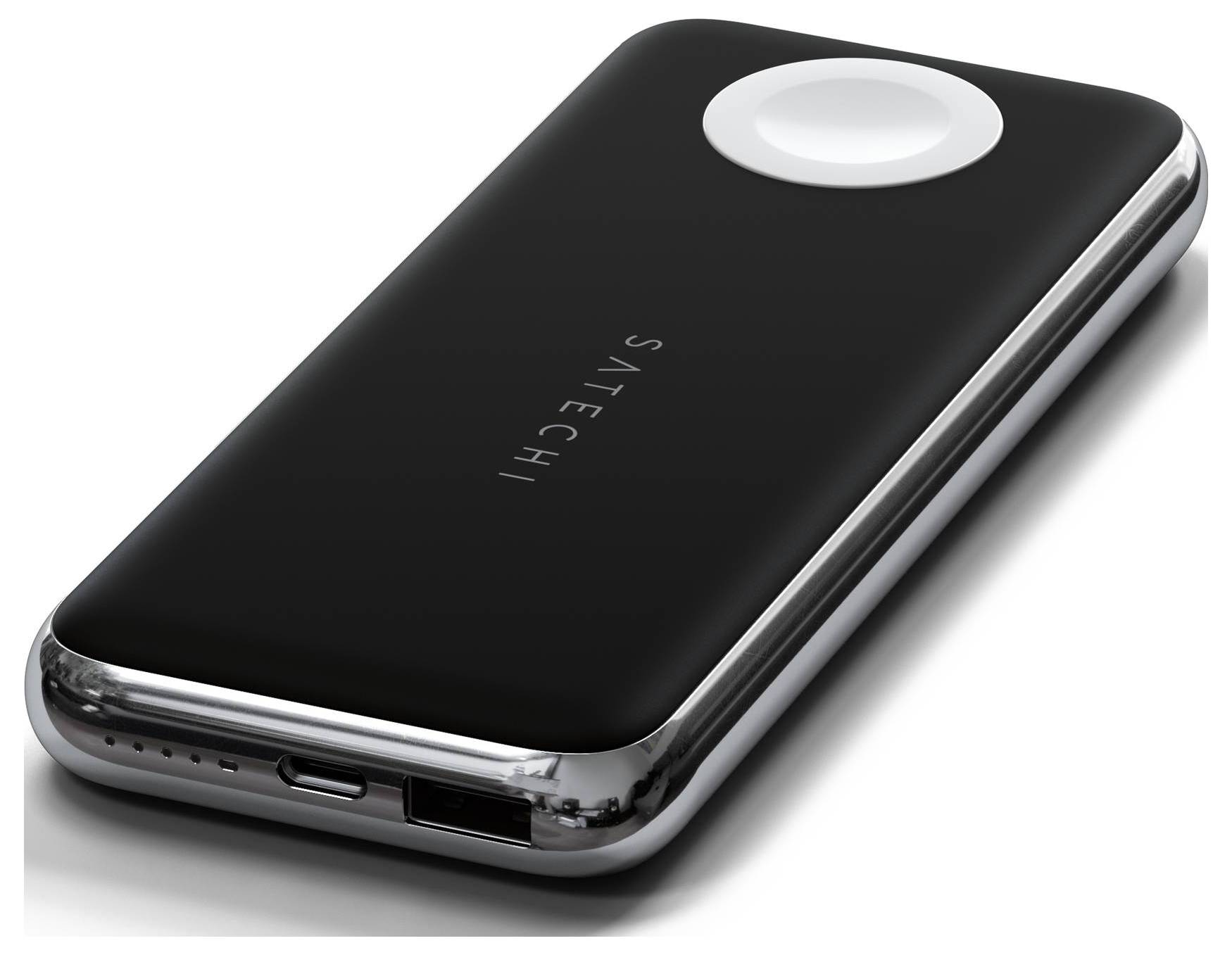 Chargeur portable noir avec bordure argentée et un champ d'induction circulaire sur le dessus ; port USB sur le côté.