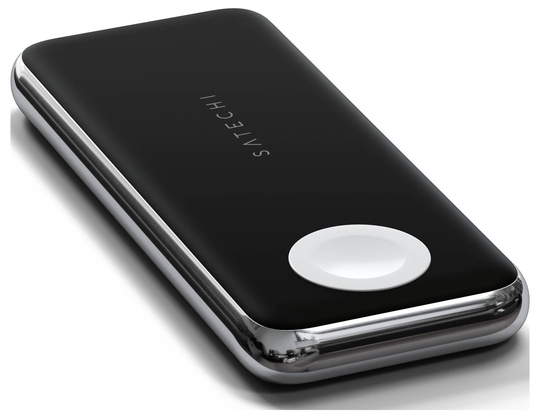 'Batterie externe Satechi noire avec chargeur sans fil intégré circulaire, adaptée pour charger sans fil différents appareils.'