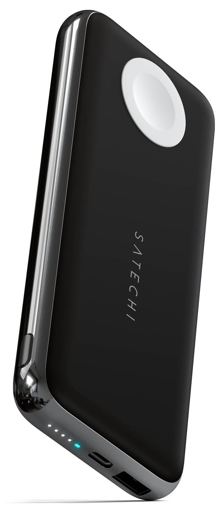 Chargeur portable à surface noire, avec des bords arrondis et un indicateur de niveau de charge. La partie supérieure comporte une zone circulaire blanche.