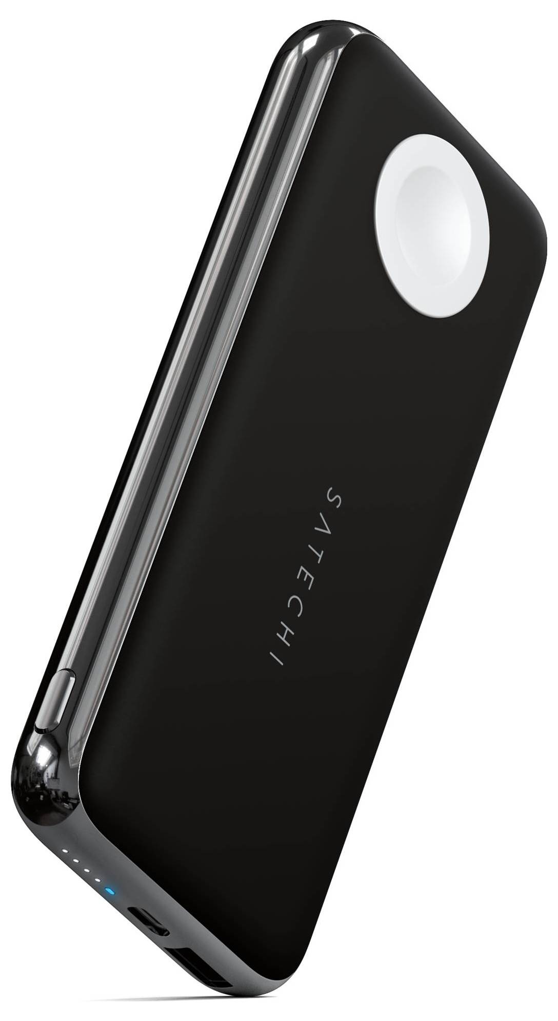 Chargeur portable noir avec connecteurs, légèrement incliné. Marquage au centre. Adapté pour un chargement sans fil en déplacement.
