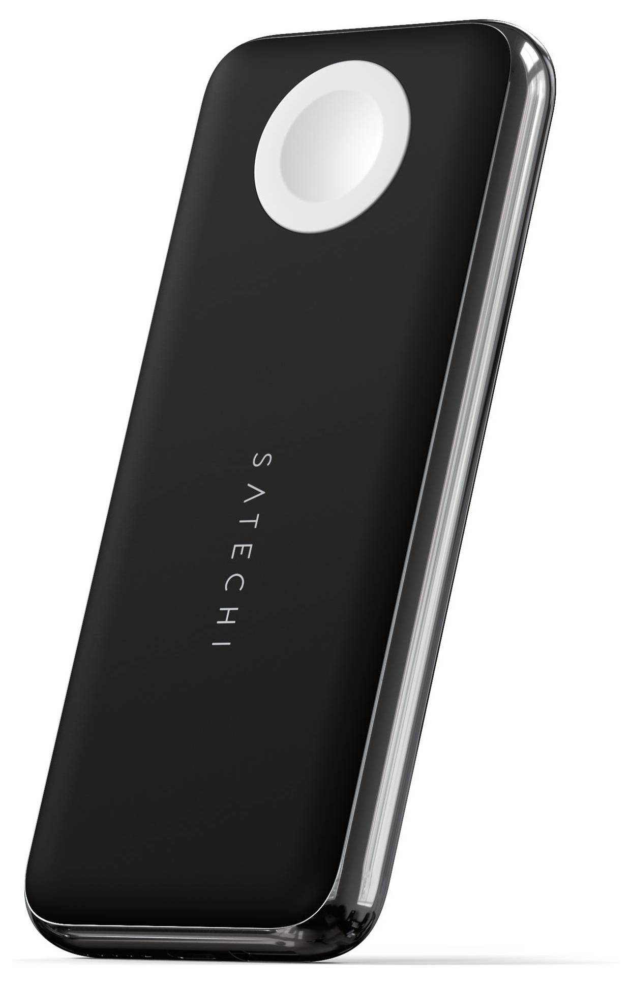 Un chargeur portable noir de Satechi avec un pad de charge MagSafe blanc intégré, permettant de charger des appareils sans fil.