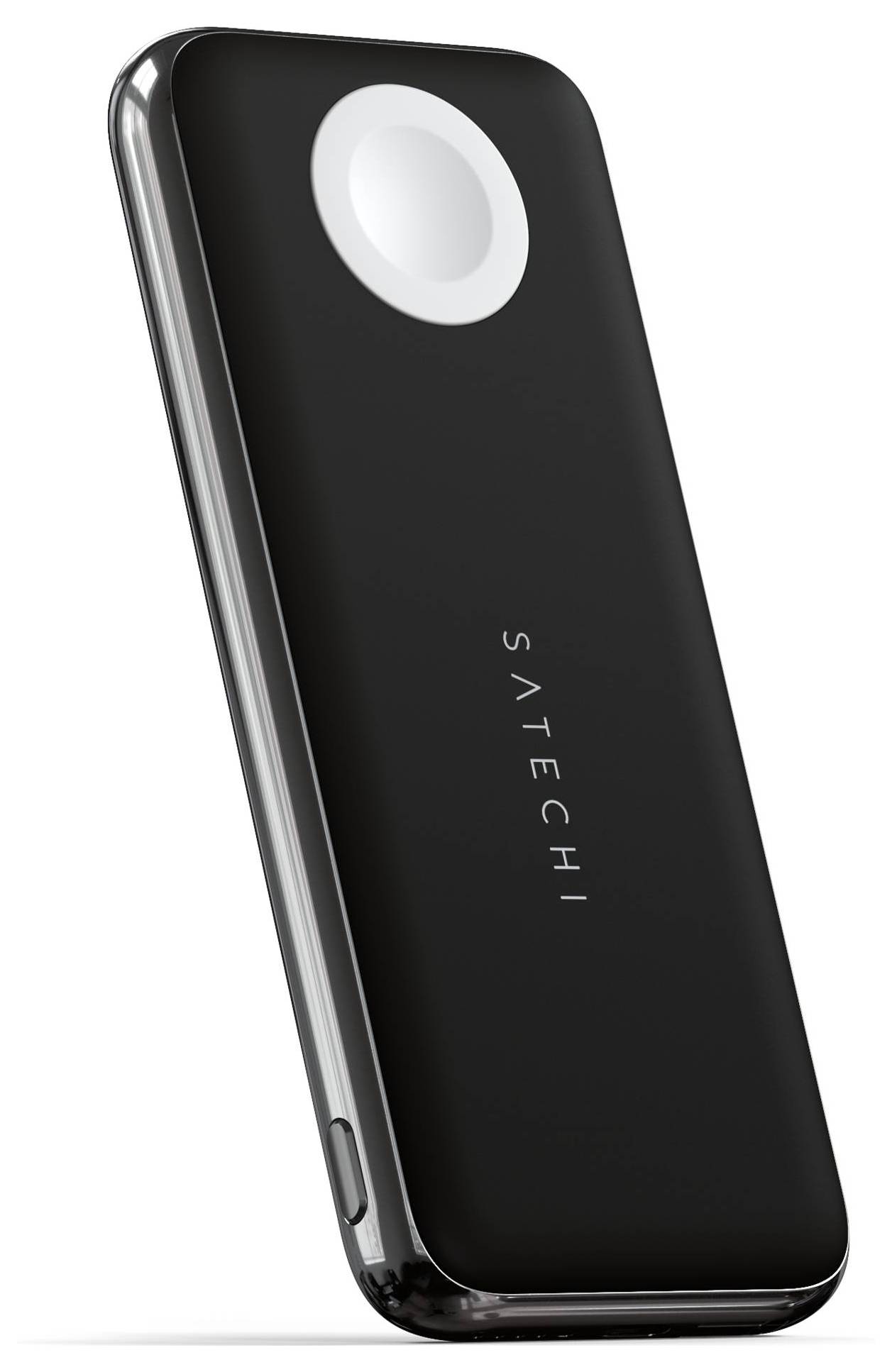 Batterie externe noire Satechi pour Apple Watch avec station de charge intégrée, design élégant et compact, idéale pour les déplacements.