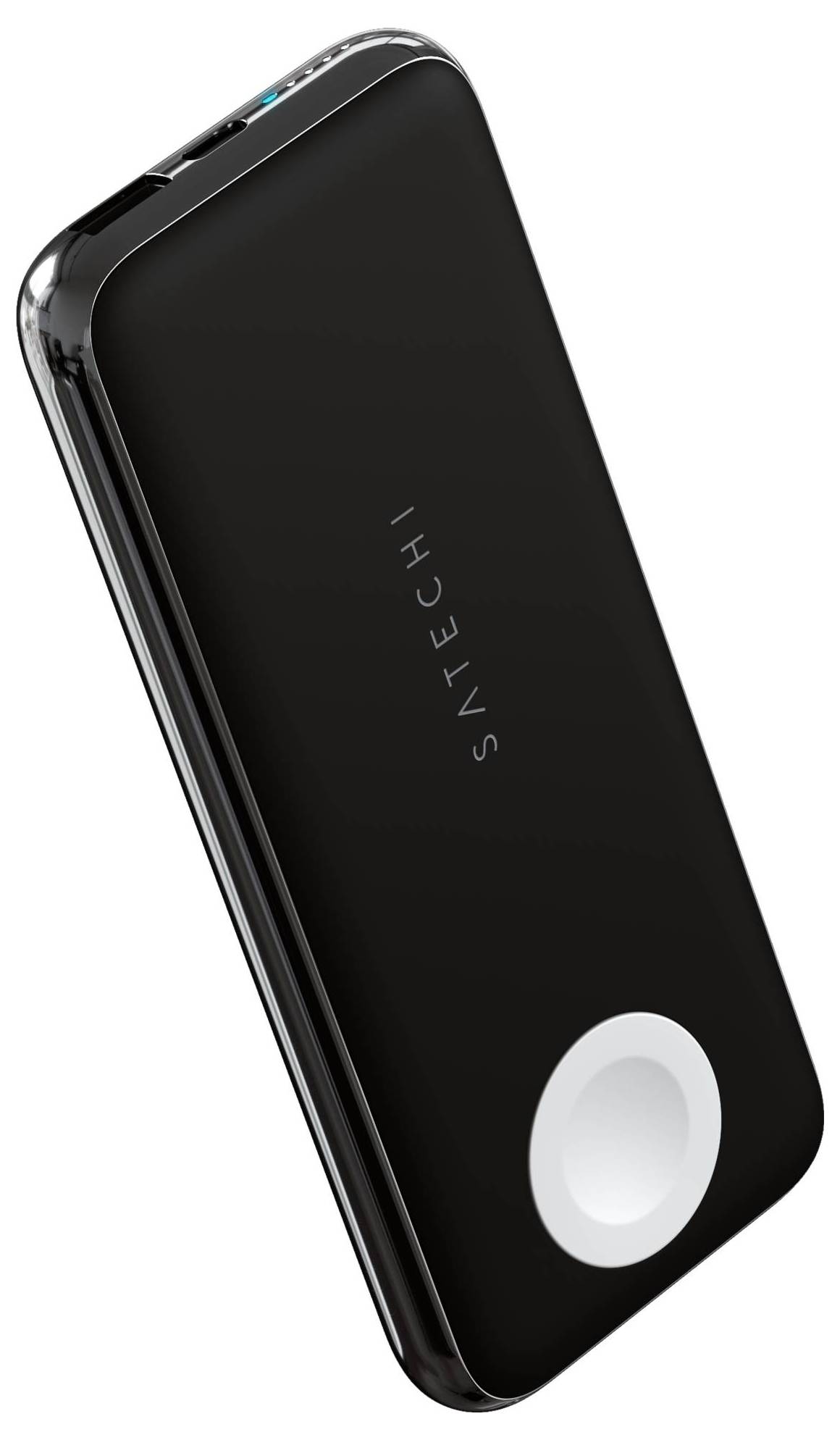 Chargeur portable noir avec logo de marque 'SATECHI', ports USB et pad de charge sans fil intégré sur fond blanc.