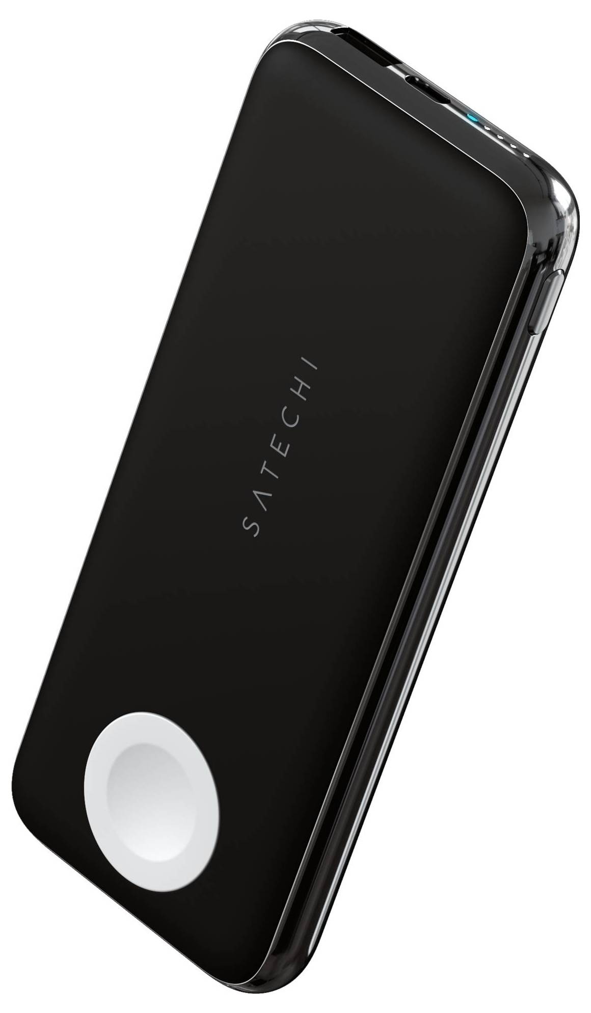 Station de charge portable noire avec port USB et dispositif de chargement magnétique intégré pour montres connectées. Le nom de marque 'Satechi' est visible.