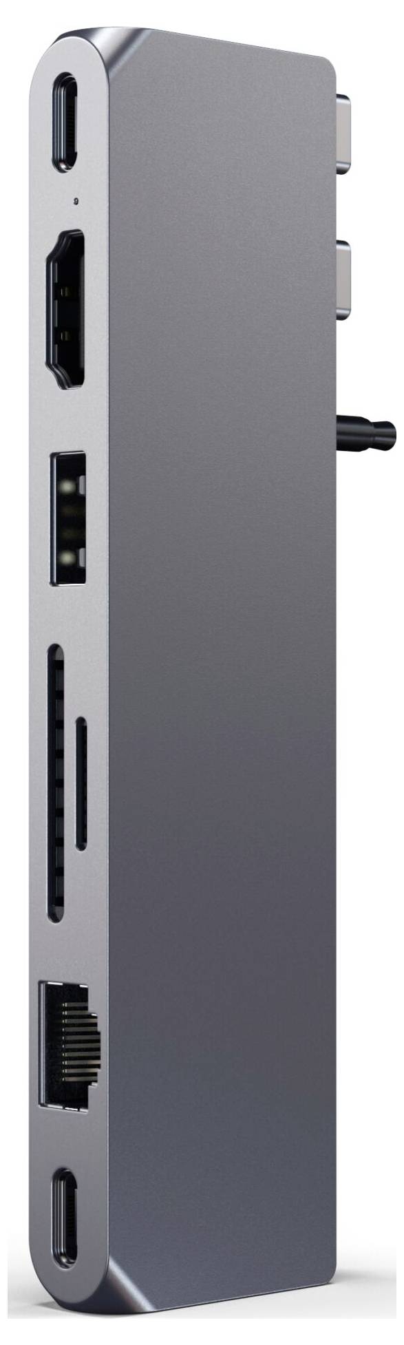 Hub USB-C métallique et élégant avec plusieurs ports, comprenant HDMI, USB-A, lecteur de carte SD et Ethernet, offrant une connectivité étendue.