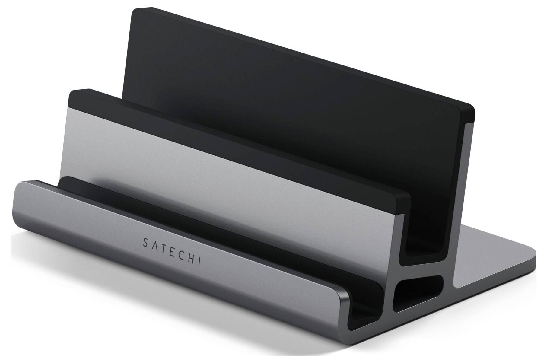 Un support pour ordinateur portable et tablette en métal, de couleur grise et au design minimaliste par Satechi, capable de maintenir deux appareils simultanément.