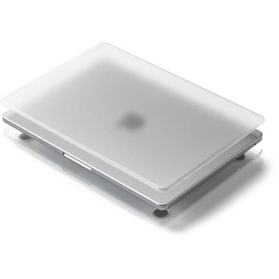 Un ordinateur portable fermé avec un boîtier translucide, sur un fond blanc.