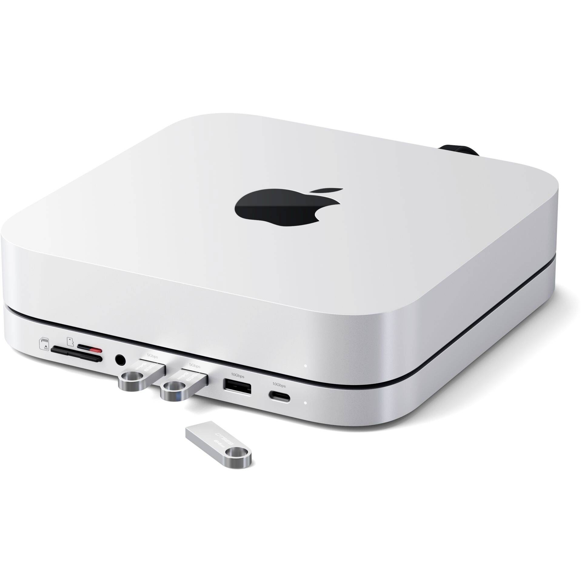 Un appareil électronique blanc carré avec le logo Apple, doté de plusieurs ports et de câbles connectés sur le devant.