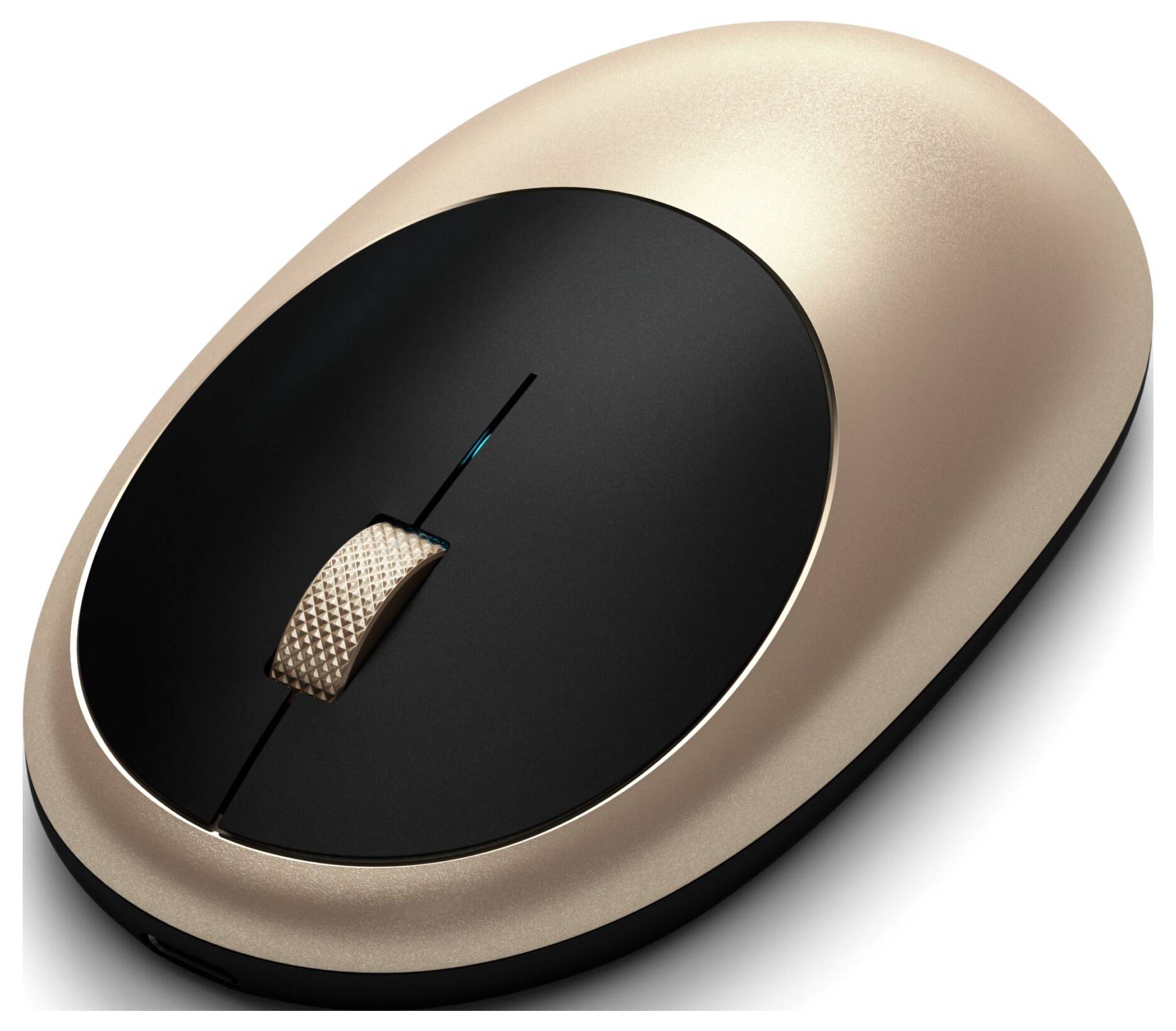 Souris d'ordinateur dorée, ergonomique, avec des accents noirs et une molette de défilement ; la vue latérale révèle une forme lisse et moderne.