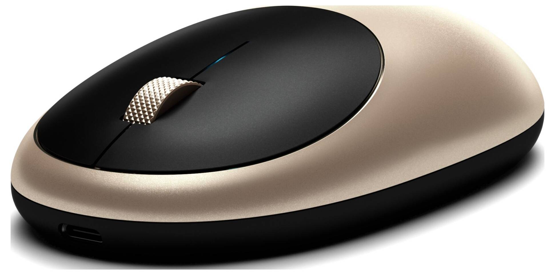 Souris d'ordinateur sans fil en or métallisé et noir, gros plan, élégance sobre ; montre la molette de défilement et un design lisse.