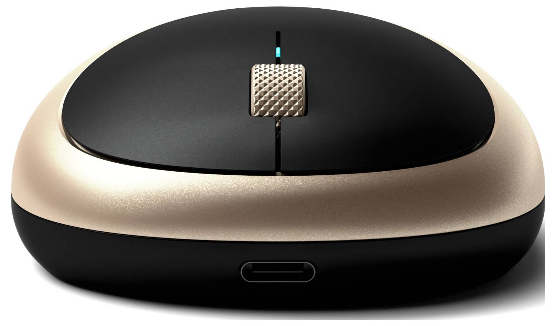 Souris d'ordinateur sans fil élégante en noir et or, dotée d'un bouton central et d'un emplacement de charge à l'avant. Forme moderne et ergonomique.