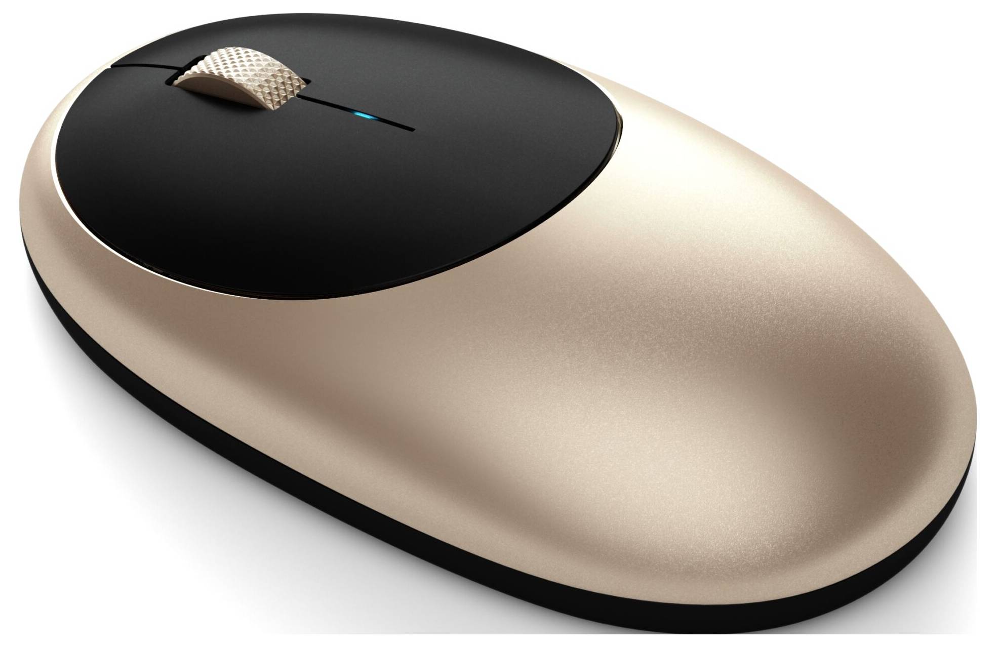 Souris sans fil en or et noir au design ergonomique, avec indicateur bleu. Idéale pour un travail confortable.