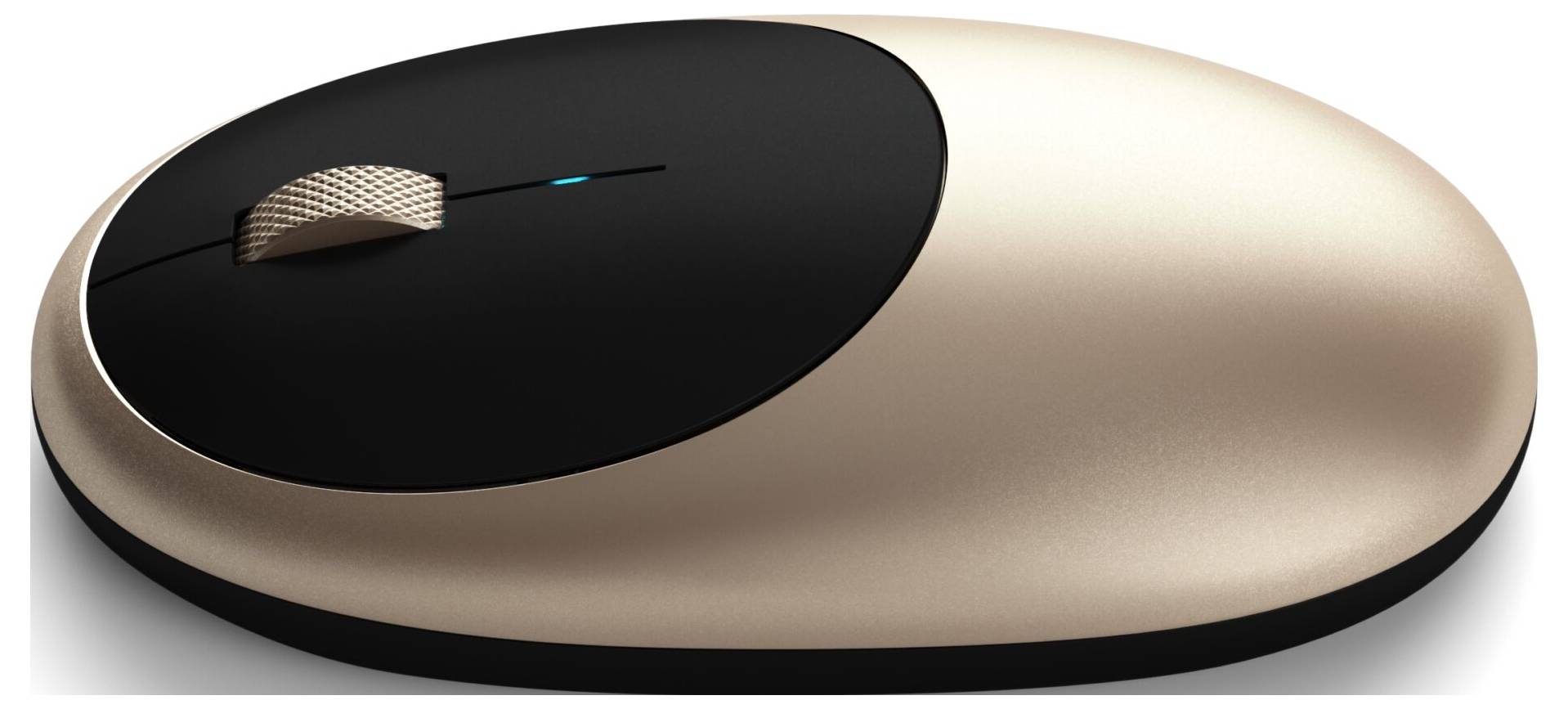 Souris d'ordinateur sans fil ergonomique en or et noir avec molette de défilement, adaptée à une utilisation sur ordinateur de bureau ou portable.