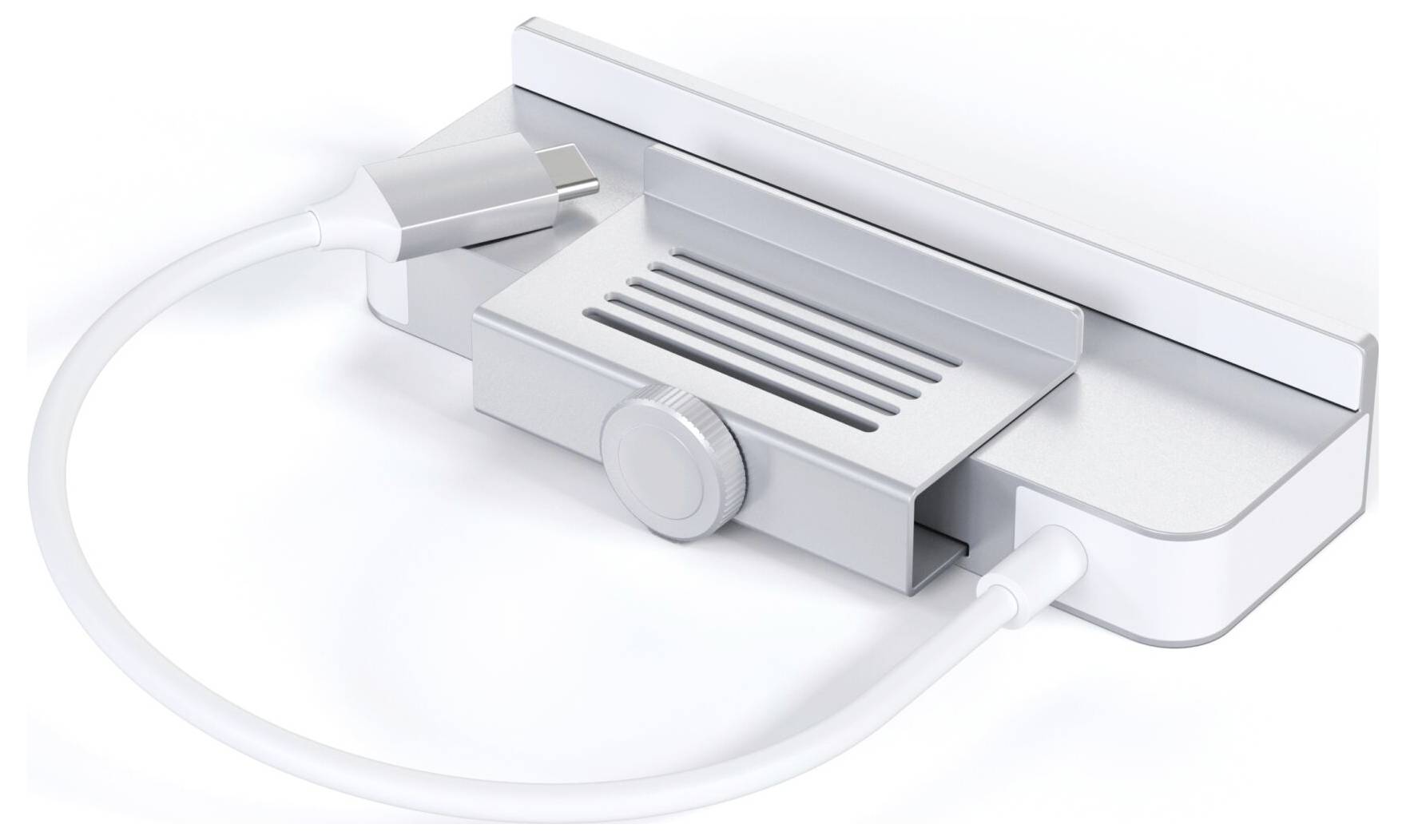 Une station d'accueil blanche avec port USB-C, câble et support ajustable, compatible avec différentes tailles d'appareils.