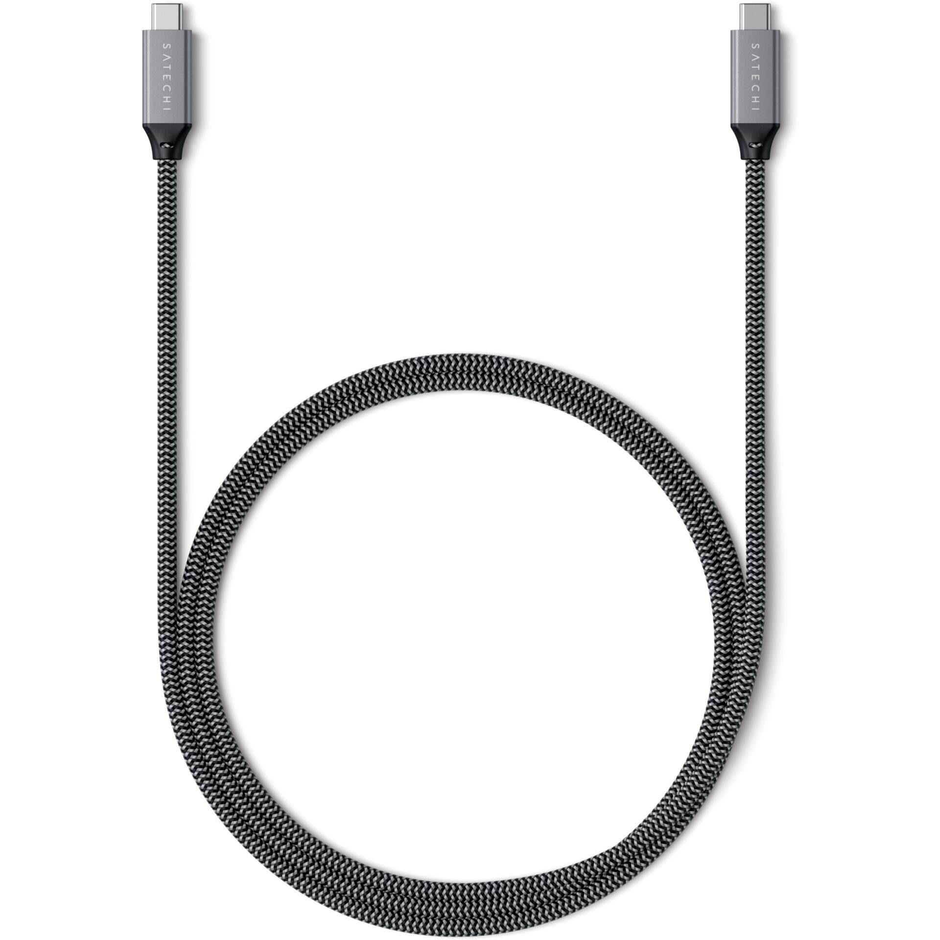 Câble USB-C tressé noir avec connecteurs aux deux extrémités, adapté pour le transfert de données et la charge des appareils.