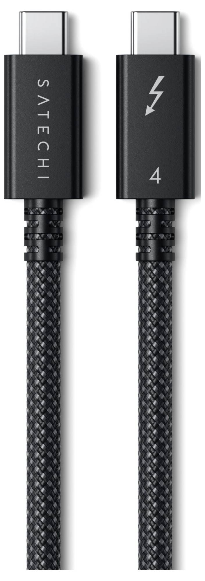 Deux câbles USB-C noirs tressés, l'un portant l'inscription 'Satechi' et l'autre présentant un symbole de foudre et le chiffre '4'.