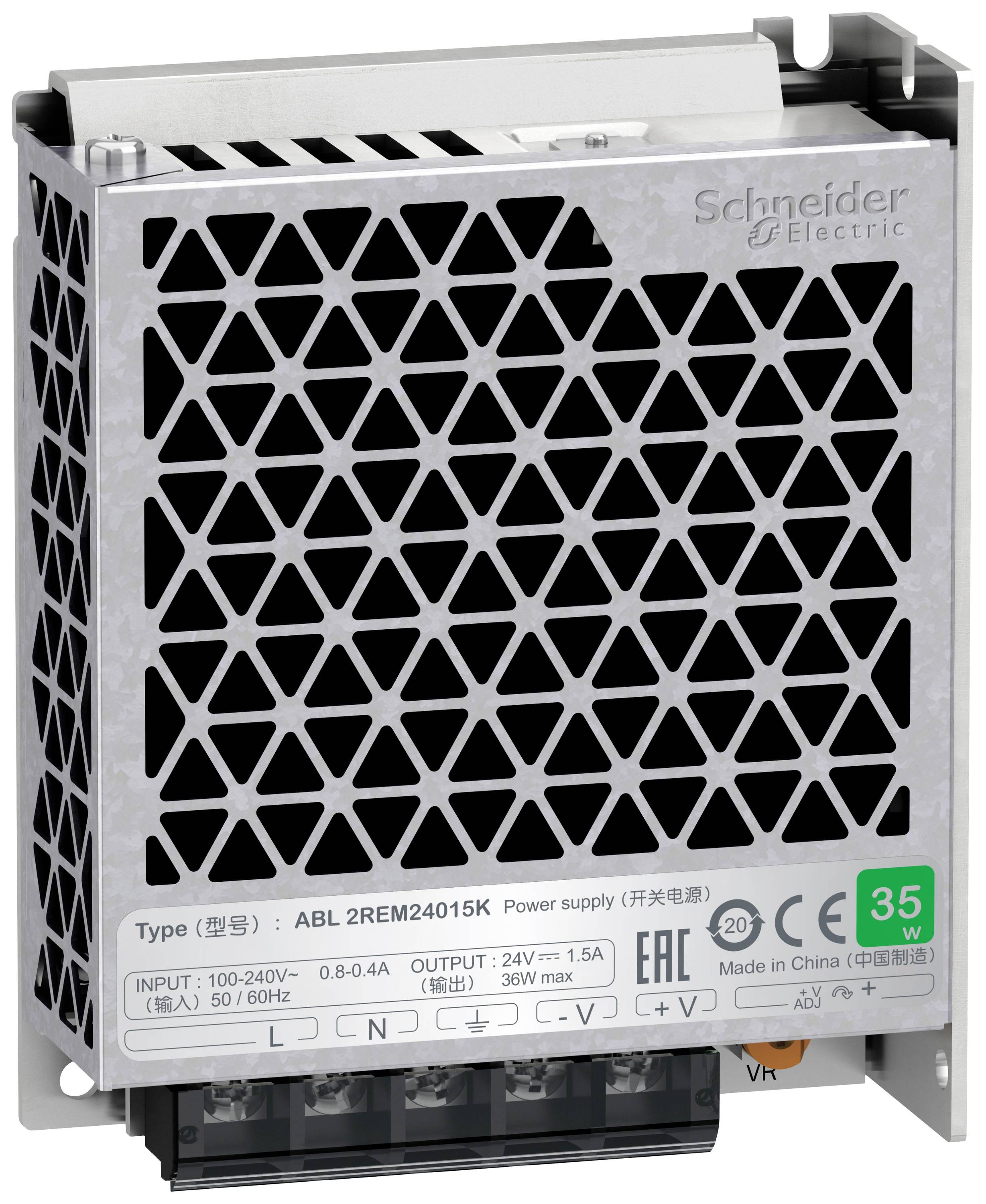 'Schneider Electric Alimentation ABL2REM24015K, 24V, 1,5A, 36W, Entrée 100-240V, certifié CE et EAC, Fabricant : Fabriqué en Chine.'