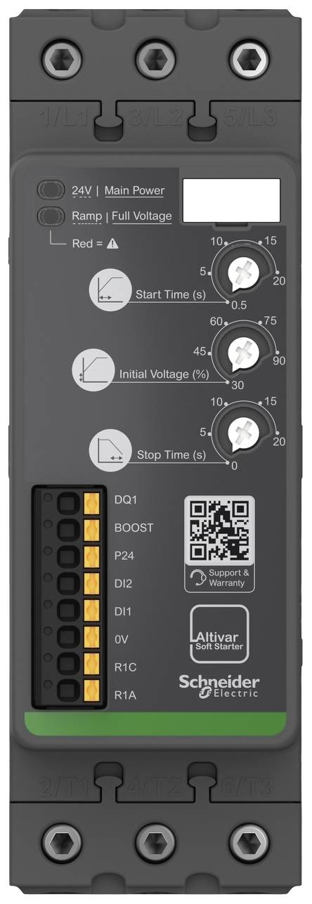 Dispositif de commande de moteur 'Schneider Electric' avec interrupteur marche/arrêt, quatre boutons rotatifs et code QR. Indicateurs pour tension de démarrage, d'arrêt et de mise en route.