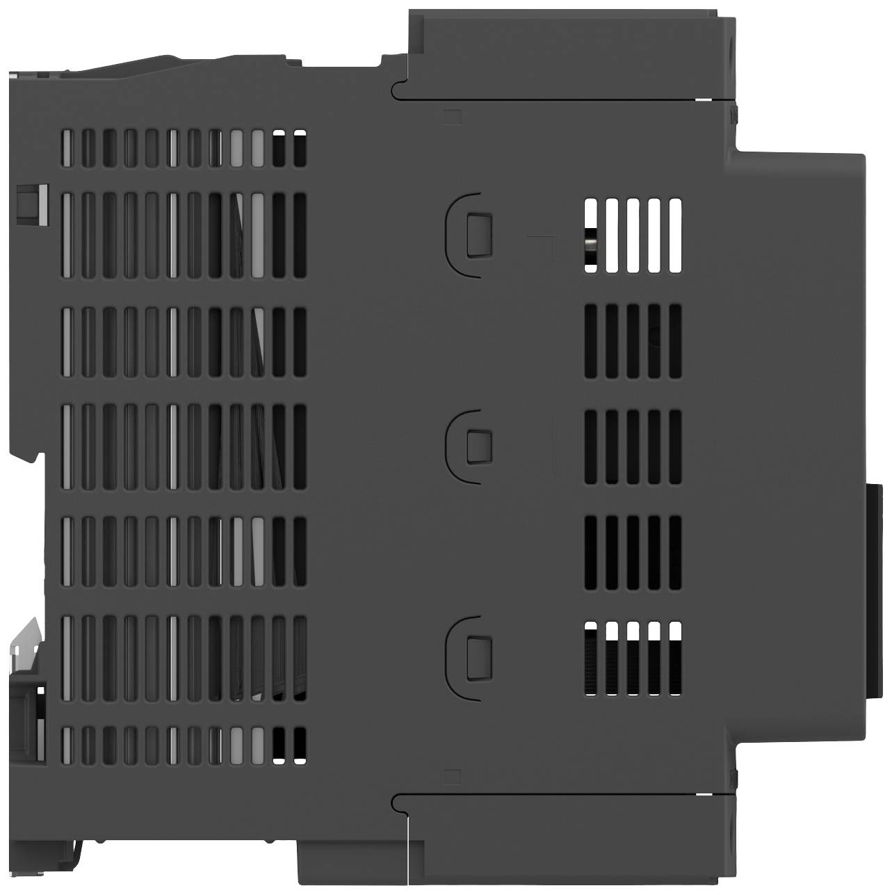 Boîtier d'un appareil électronique vu de dessus avec des fentes de ventilation et plusieurs points de fixation.