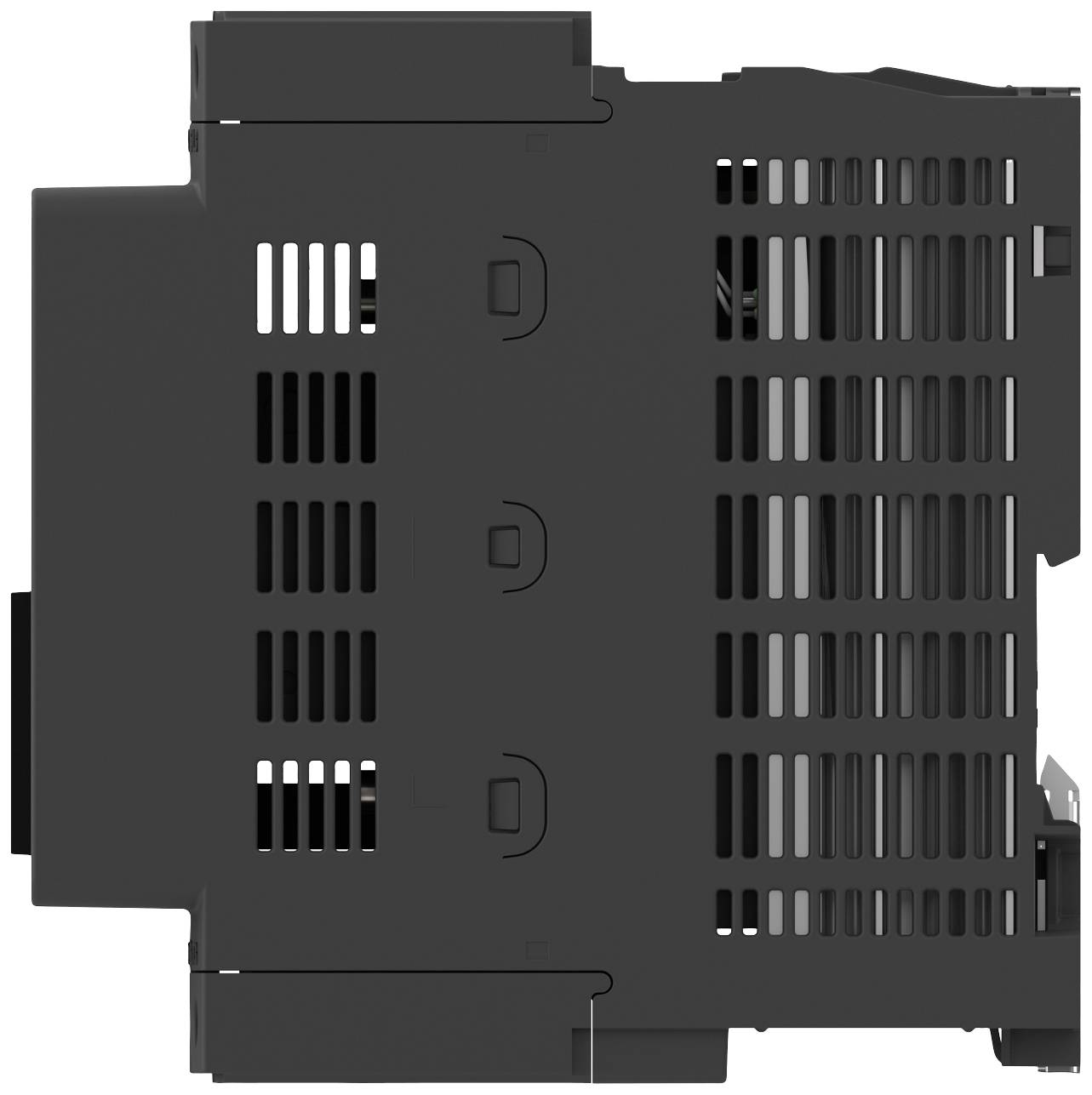Un appareil électronique noir rectangulaire avec des fentes d'aération sur le dessus. Il semble s'agir d'un module technique.