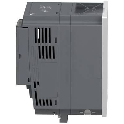 Vue latérale d'un appareil électrique gris avec des fentes de ventilation et un connecteur. Il semble s'agir d'un dispositif de commande industriel.