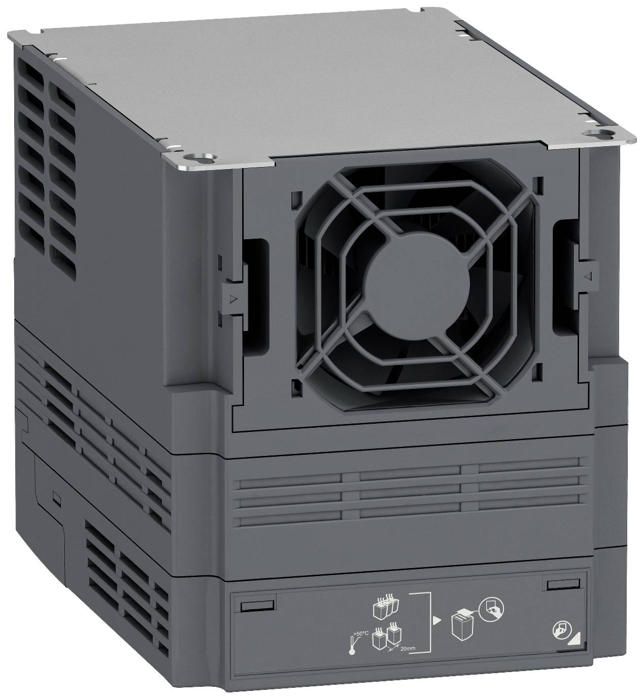 Un ventilateur industriel gris avec plusieurs fentes de ventilation et une grille de protection à l'avant.