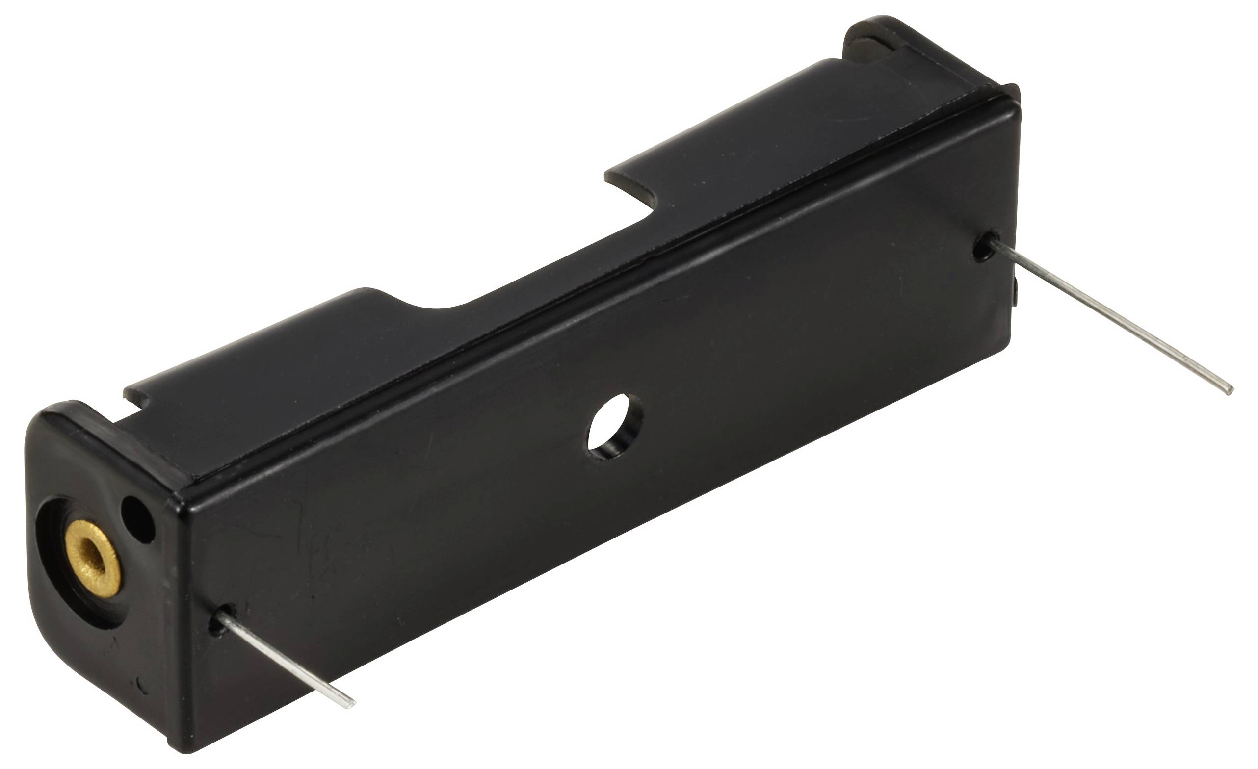 Un boîtier en plastique noir, rectangulaire, avec des broches métalliques sur les côtés et un petit trou au centre.