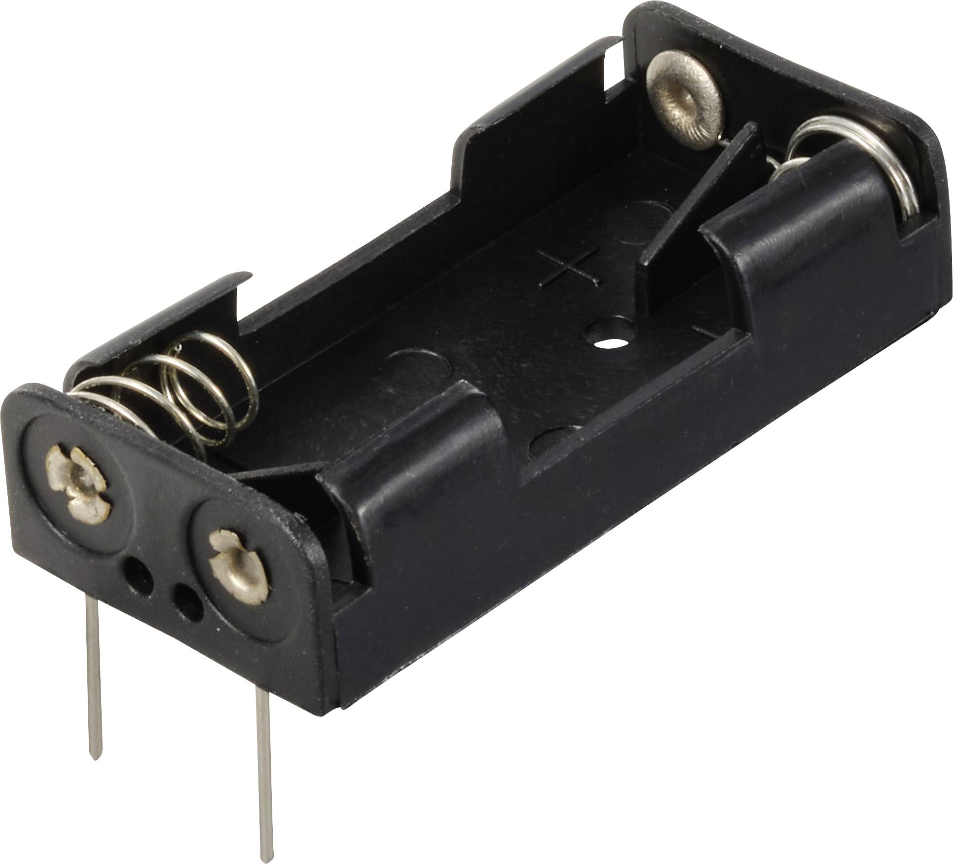 Un support de batterie noir pour deux piles AA avec des vis métalliques aux extrémités et des broches de fixation en bas.