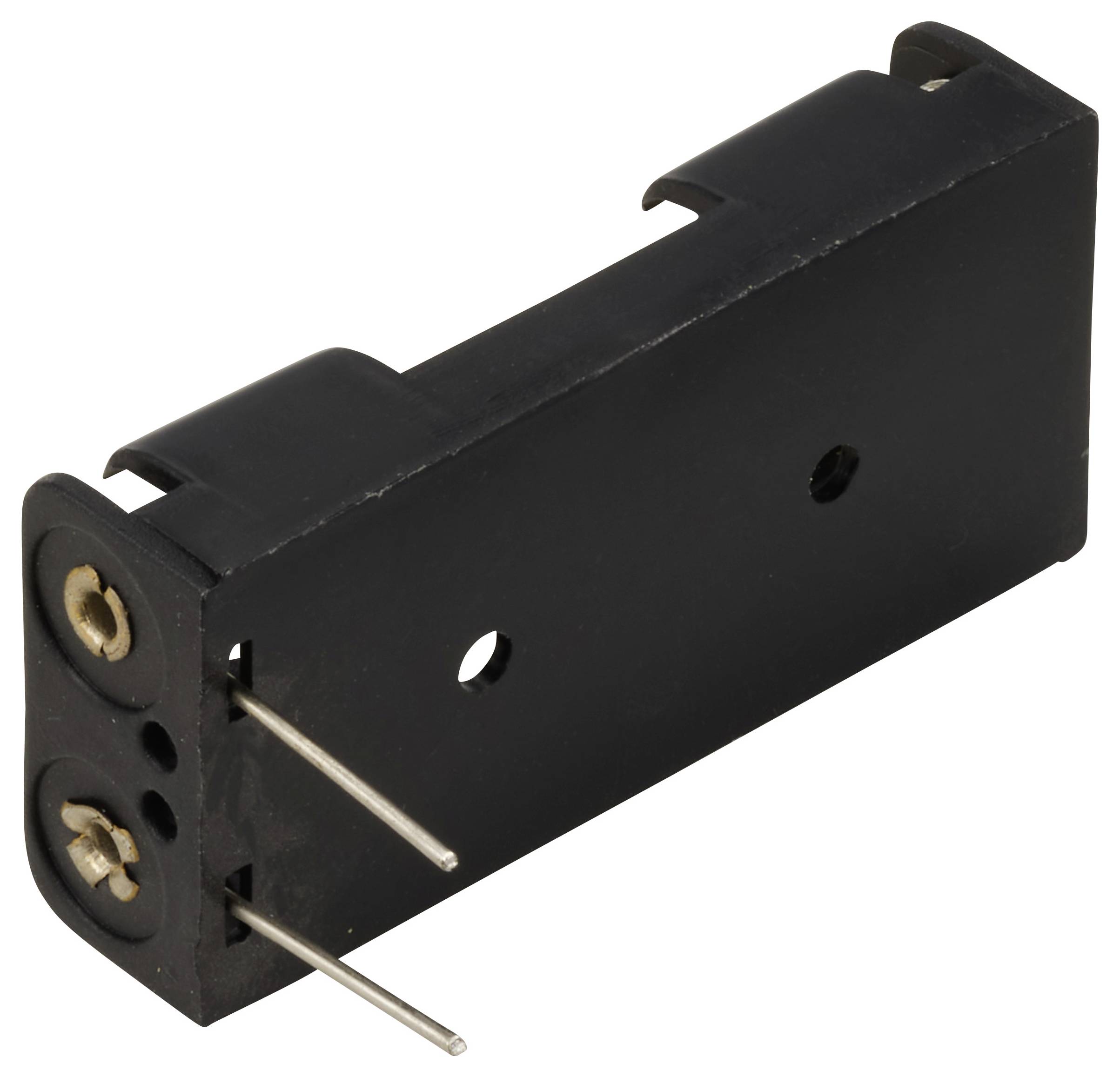 Boîtier noir rectangulaire avec deux broches métalliques et des trous de montage, boîtier typique pour fusibles électriques.