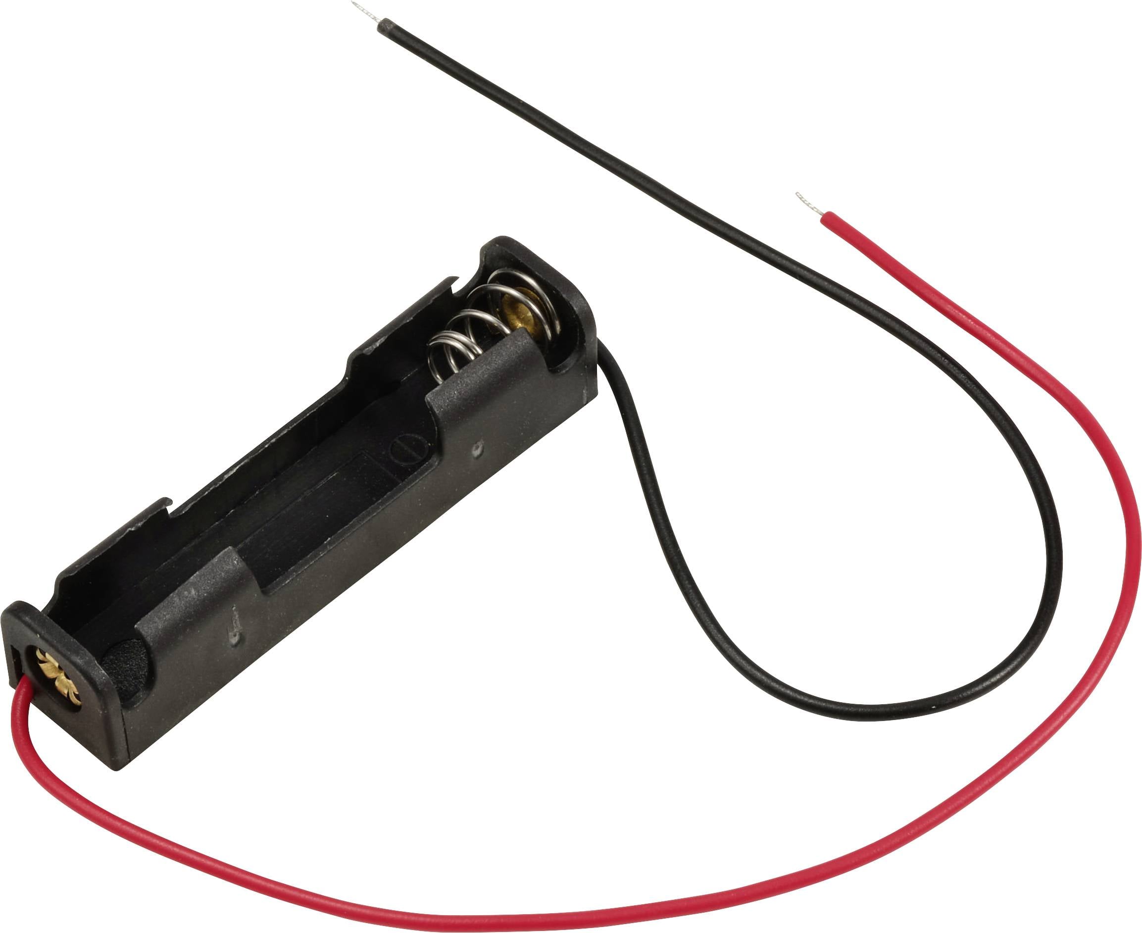 Support de batterie en plastique noir avec deux câbles, un rouge et un noir, pour se connecter à une source d'alimentation.