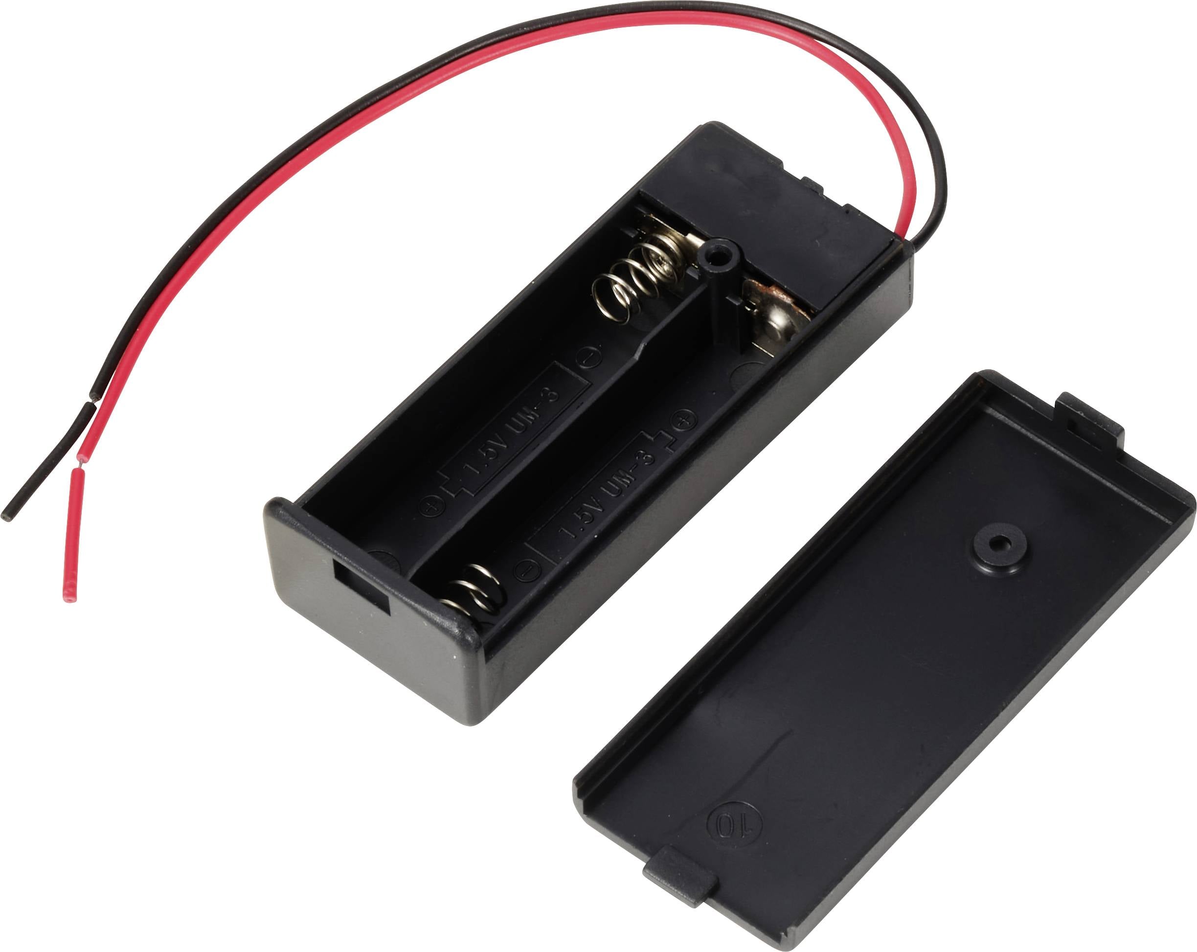 Boîtier de batterie noir pour deux piles, avec fil rouge et fil noir, et couvercle retiré.