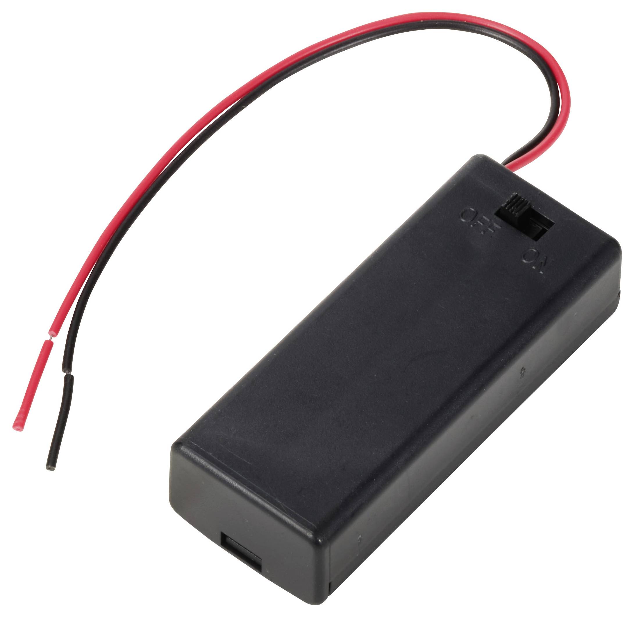 Boîtier de batterie noir avec deux câbles dénudés, un rouge et un noir, sur fond blanc. Comprend un interrupteur marche/arrêt.