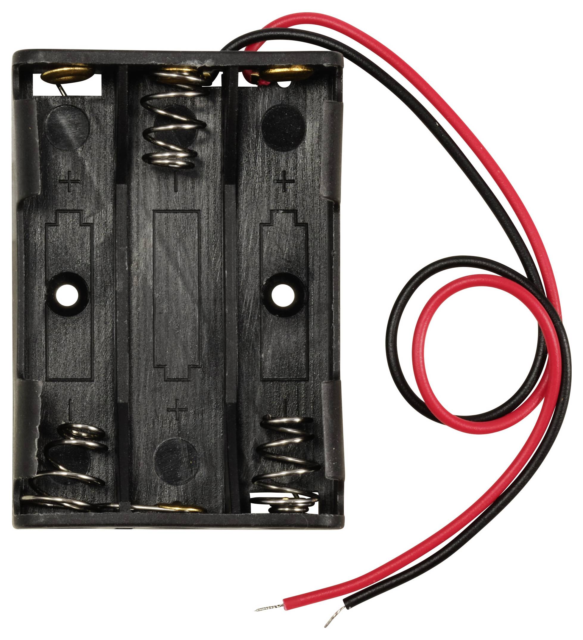 Support de pile noir en plastique pour deux piles AA avec des fils de connexion rouges et noirs.
