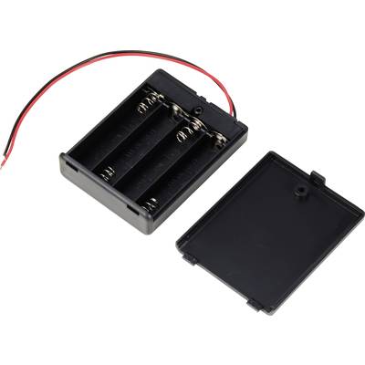 Support de batterie avec couvercle amovible, montrant un espace pour quatre piles AA et des fils de connexion rouges et noirs.