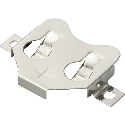 Support métallique pour piles boutons avec deux ouvertures et trous de fixation sur les côtés, adapté aux appareils électroniques.