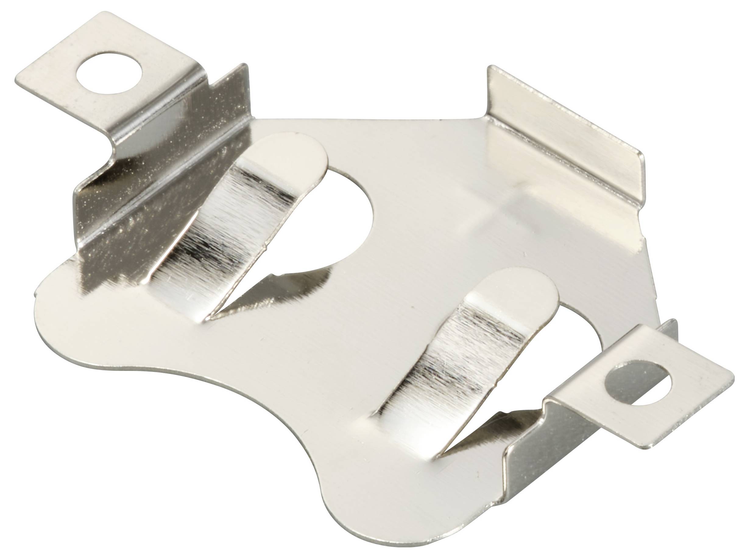 Une pièce métallique argentée avec deux échancrures longitudinales et quatre pattes arrondies aux coins.