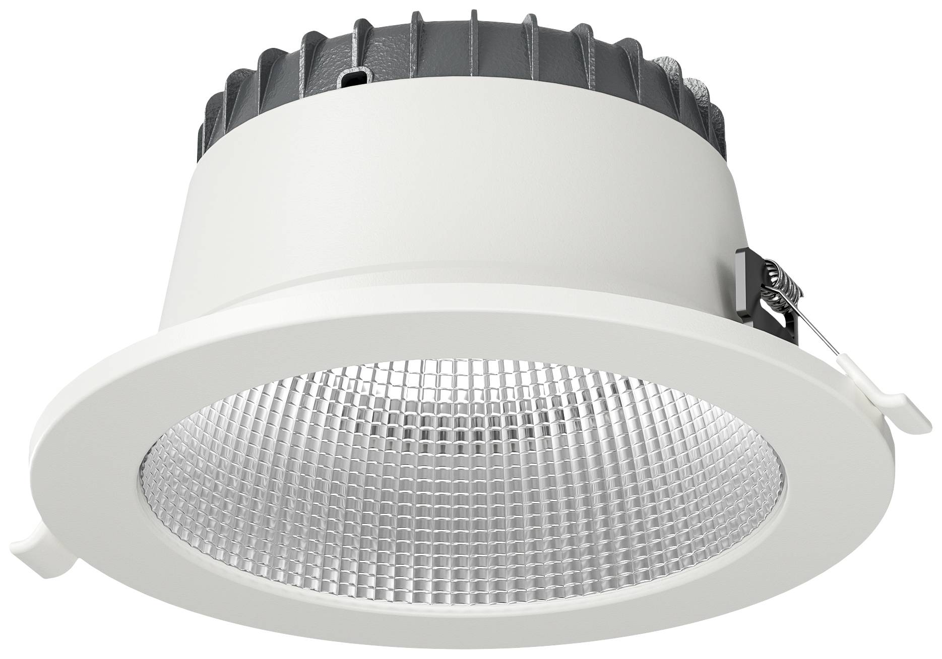Luminaire encastré blanc avec un réflecteur en forme de grille ; utilisé dans les plafonds pour un éclairage directionnel.