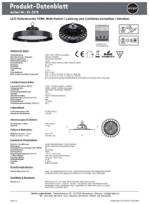Fiche technique pour Luminaire LED industriel 100W. Contient les spécifications techniques, les instructions d'installation, les dimensions et les certifications.