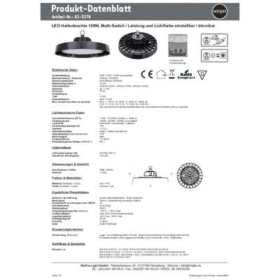 Fiche technique pour Luminaire LED industriel 100W. Contient les spécifications techniques, les instructions d'installation, les dimensions et les certifications.