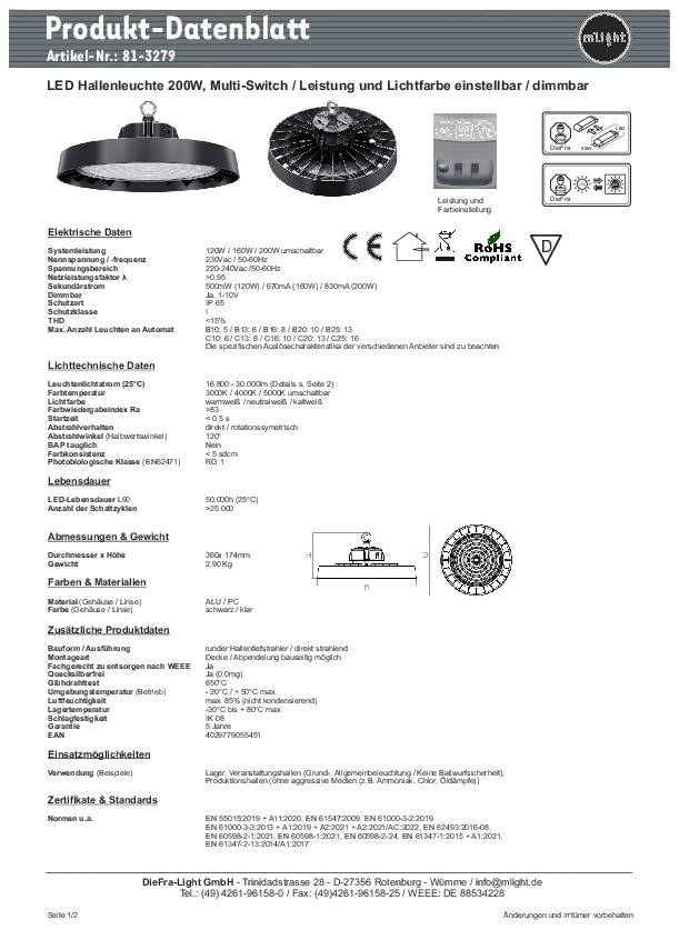 'Fiche technique Luminaire LED 200W pour hall industriel. Données électriques, caractéristiques photométriques, dimensions, certifications. Images du luminaire.'