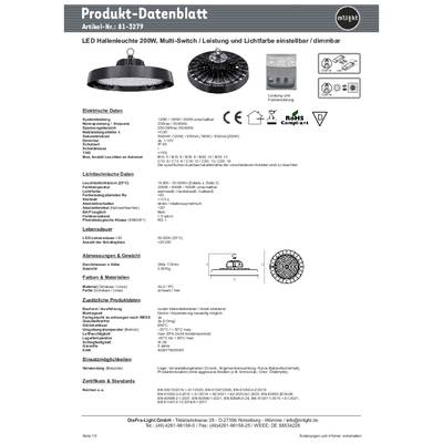 'Fiche technique Luminaire LED 200W pour hall industriel. Données électriques, caractéristiques photométriques, dimensions, certifications. Images du luminaire.'