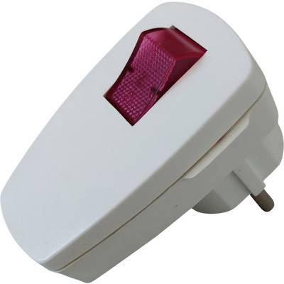 Un adaptateur de prise blanc avec un interrupteur à bascule rouge. L'interrupteur est en position 'Marche'. L'adaptateur a une fiche Schuko.