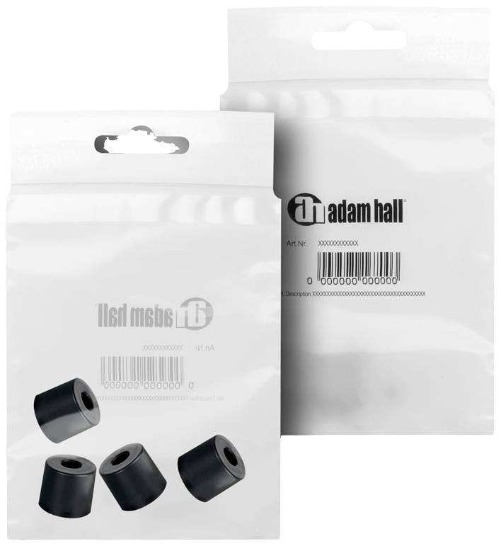 L'illustration montre deux emballages blancs avec le logo 'adam hall' et quatre roulettes en caoutchouc noir.